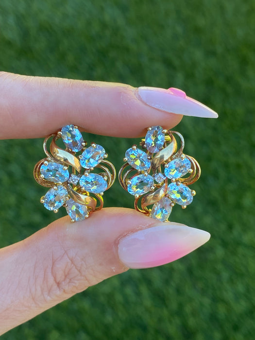 Vintage 14K Gold Blue Topaz & Diamond Cluster Earrings – Omega Back