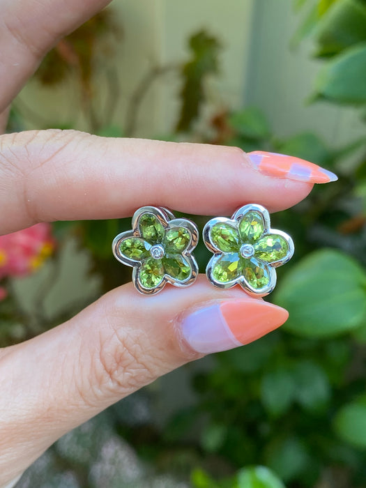 14k white gold diamond peridot flower omega back earrings