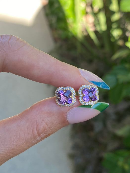 14k amethyst flower diamond stud earrings