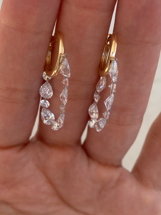 14K Gold Floating Lab Diamond Drop Huggie Earrings | 4.65 CTW Pear & Round Lab Diamonds