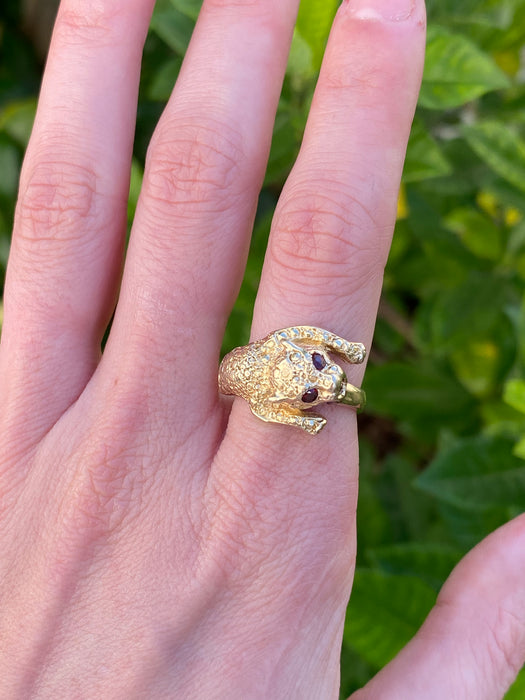 14k jaguar ring garnet eyes size 7.25