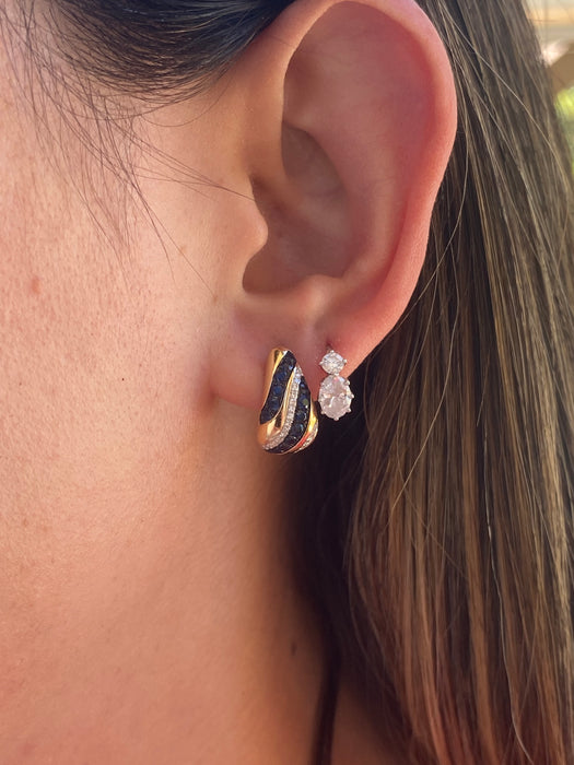 14K Gold Blue Sapphire & Diamond Huggie Earrings
