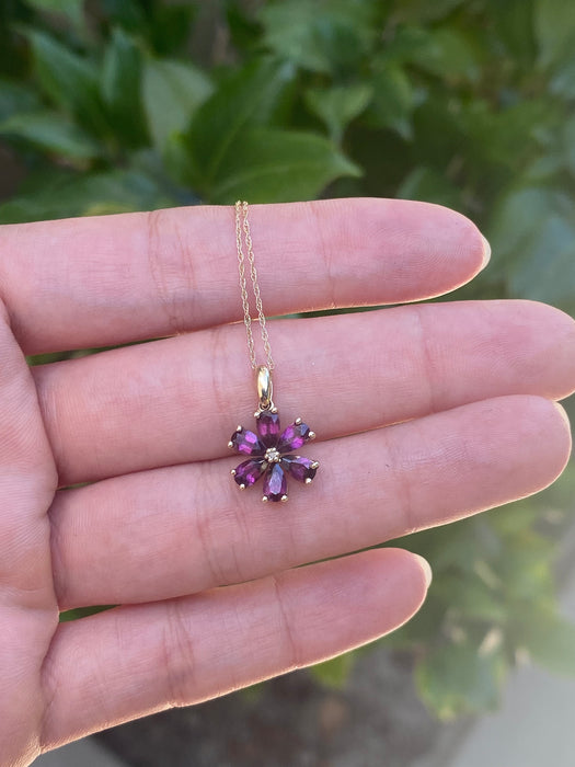 14k Rhodolite garnet diamond flower necklace