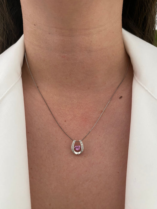 Platinum box chain with horseshoe pink sapphire heart diamond pendant 18”
