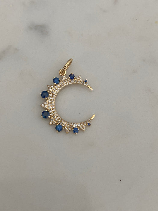 14K Gold Crescent Moon Charm with Blue Sapphire & Diamond Accents – 0.98 TCW