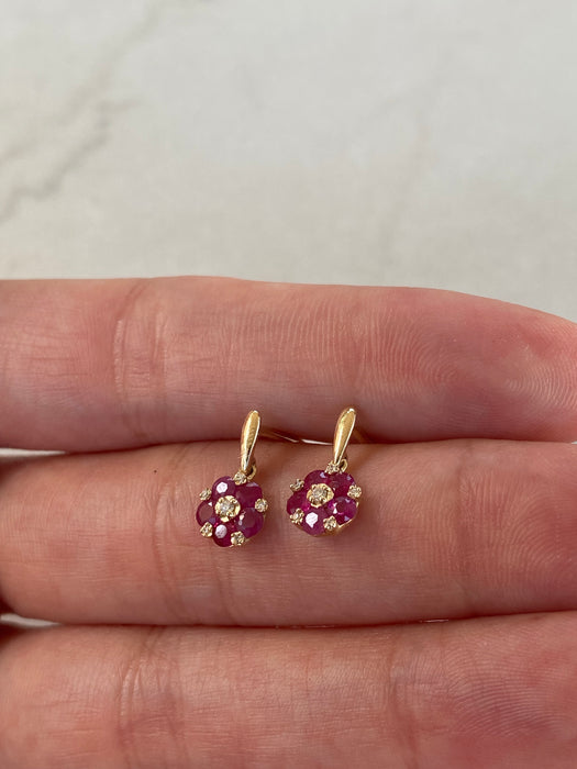 14K Gold Natural Ruby & Diamond Flower Drop Stud Earrings