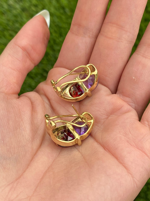Vintage 14k Gold Amethyst & Garnet Moon Cut Diamond Earrings