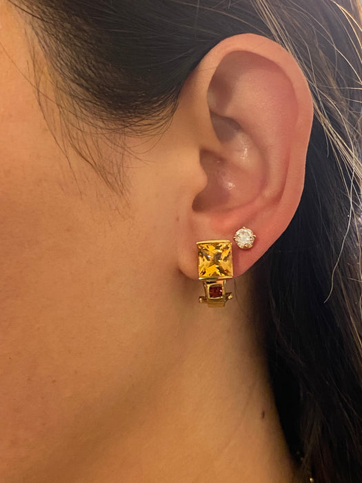 Vintage 14K Citrine & Garnet Omega Back Huggie Hoop Earrings