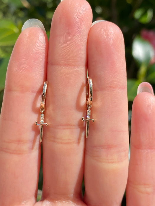 14K Natural Diamond Dagger Sword Huggie Earrings