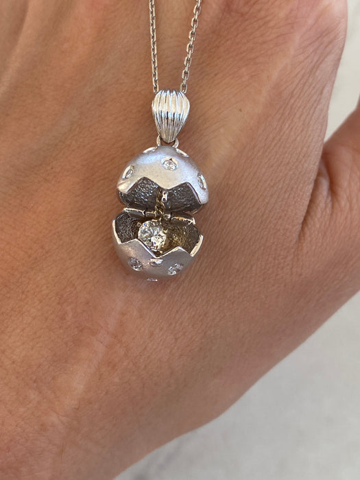 Vintage 18K White Gold Diamond Egg Charm Pendant – Opening Locket w/ Zircon Drop, 0.90 TCW