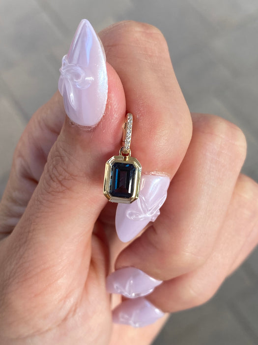 14K Gold London Blue Topaz & Diamond Emerald Cut Charm