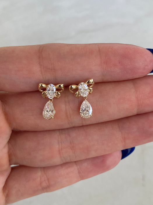 14K 1.8 TCW Lab Diamond Bow & Pear Drop Earrings