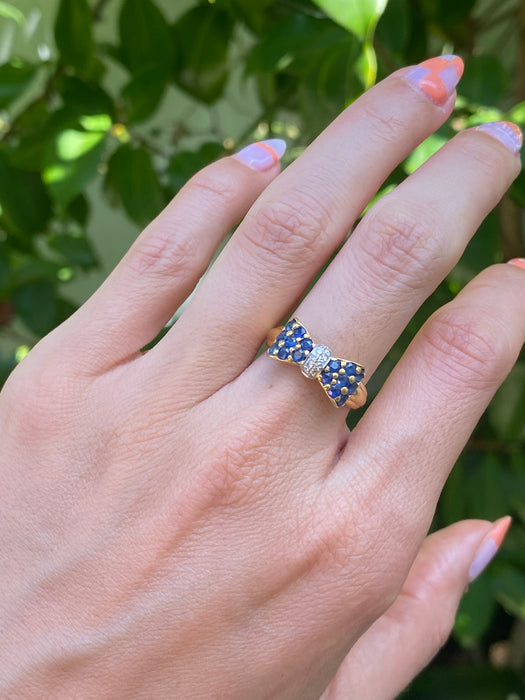 18k blue sapphire diamond bow ring size 6.5