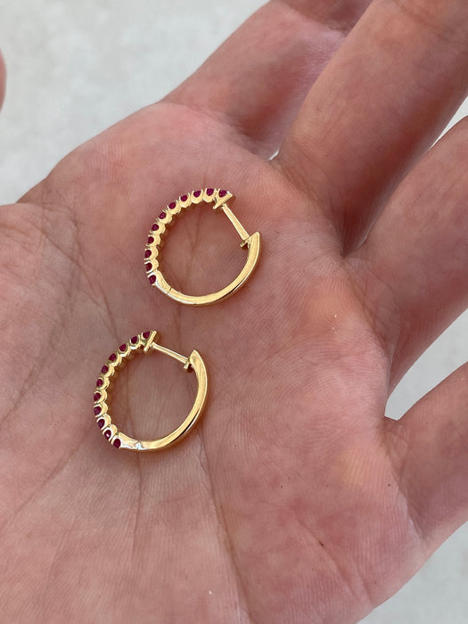 14K Gold Natural Ruby Huggie Hoop Earrings