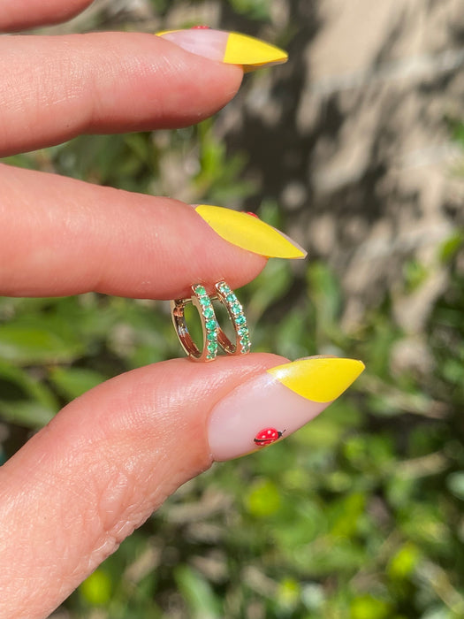14K Gold 9MM Mini Emerald Huggie Earrings