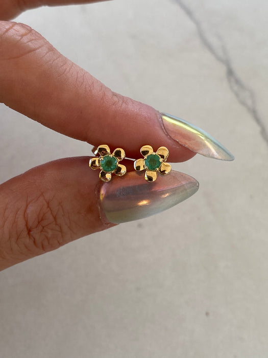 14K Natural Emerald Flower Stud Earrings — 0.25 TCW