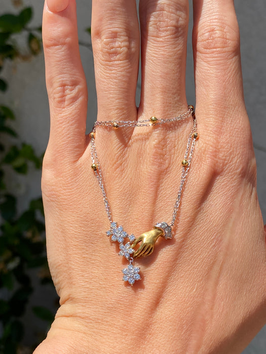 Vintage Two-Tone 18K Platinum 900 Diamond Hand & Flower Necklace