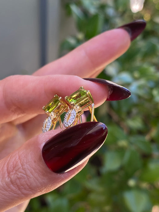 Vintage 14k Gold Peridot and Diamond Omega Back Earrings | Princess Cut Peridot