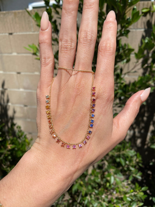 14K Gold Rainbow Sapphire Bead Necklace | 5 CTW Princess Cut Dangling Sapphires Adjustable 16-18”