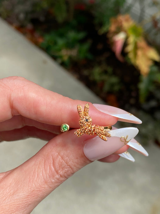 Vintage 18K Gold Orange Sapphire Rabbit Ring with Black Diamond Eye & Emerald Accent