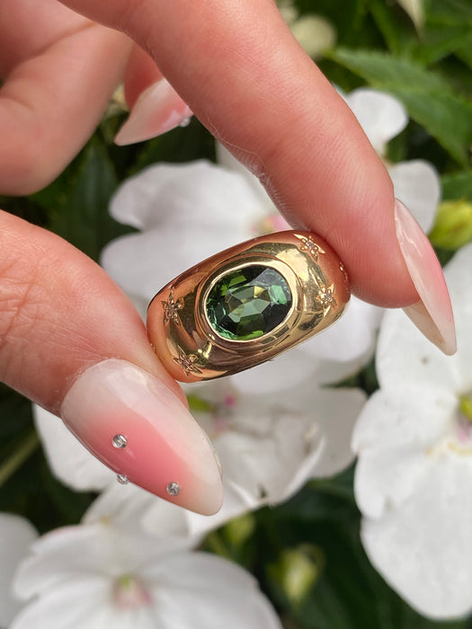14K Green Tourmaline & Diamond Star Bombe Ring