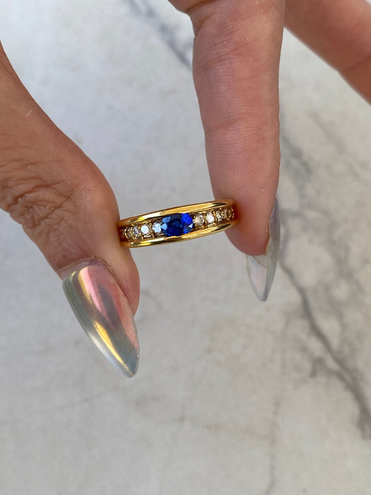 Vintage 18K Gold East-West Oval Blue Sapphire & Diamond Ring