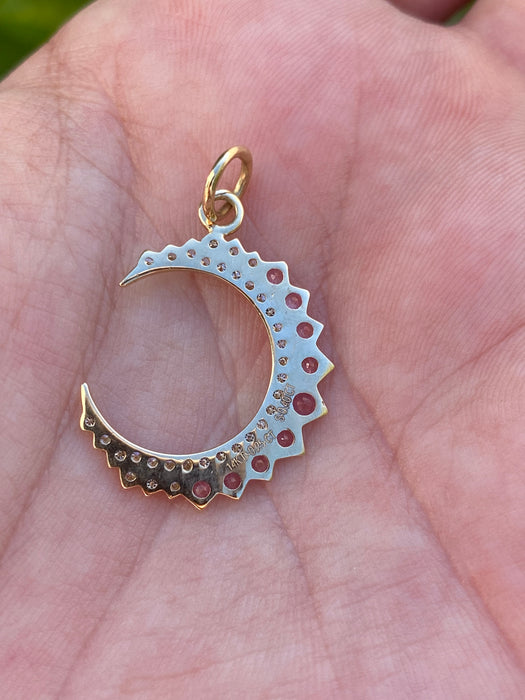 14k diamond and pink sapphire crescent moon pendant