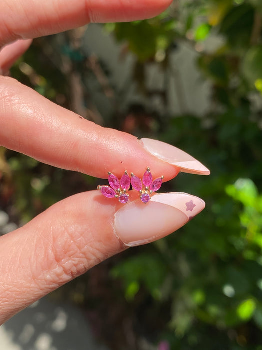 14K Gold Ruby Lotus Stud Earrings