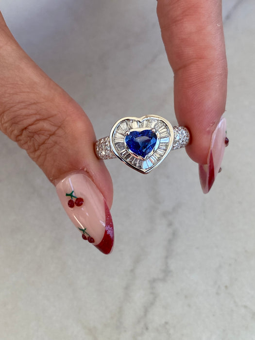 Vintage Platinum 900 Heart Sapphire & Diamond Ring