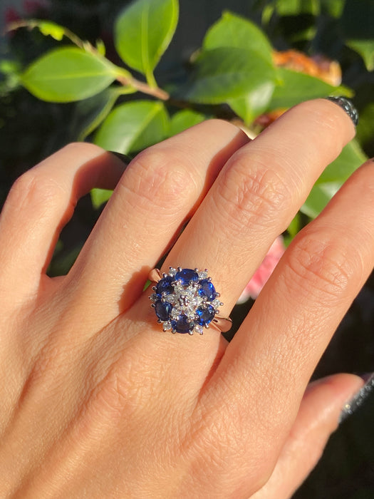 Platinum 850 blue sapphire diamond star snowflake ring size 6.5