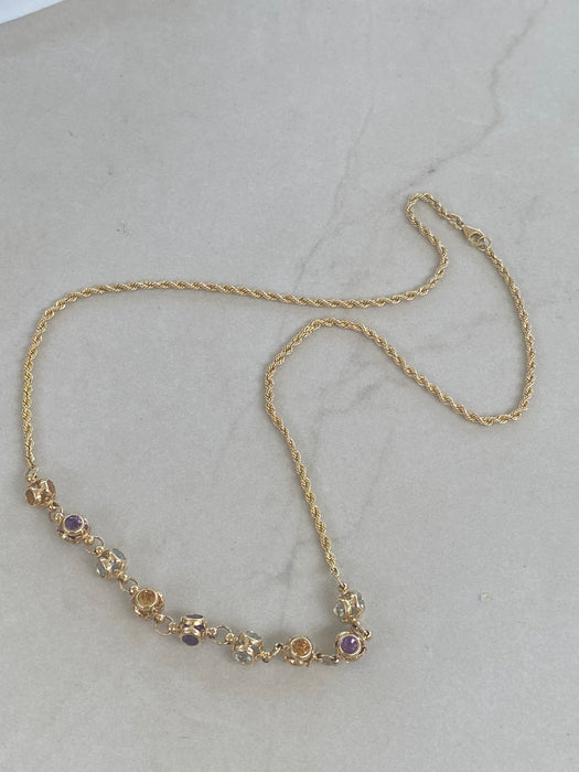 Vintage 14K Gold Rope Chain with Multi-Color Gemstone Charms