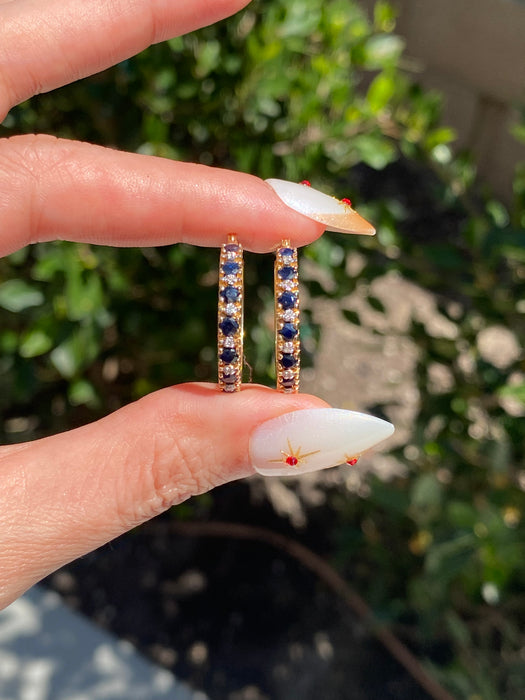 Vintage 14K Gold Blue Sapphire & Diamond Hoop Earrings
