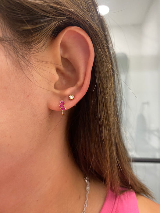 14K Natural Ruby & Diamond Baguette Huggies