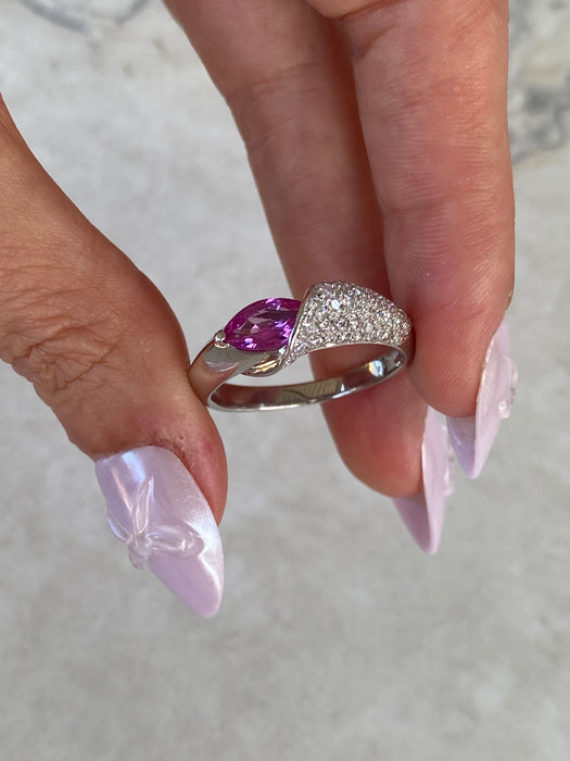 Vintage Platinum 900 Pink Sapphire Pear Ring with Diamonds – Size 10.25