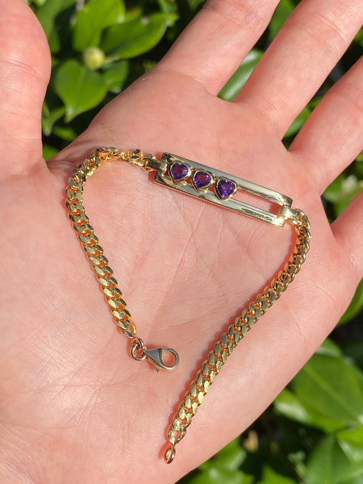 14k custom handmade slider amethyst heart curb bracelet 7”