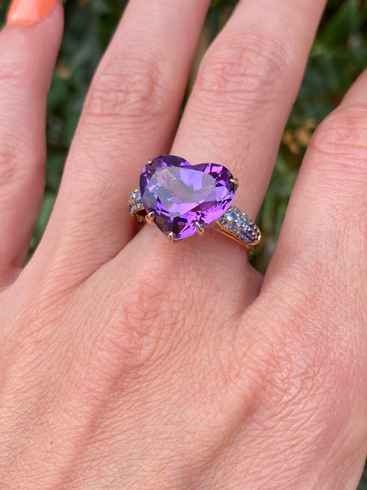 18K Gold Heart Amethyst & Ombre Sapphire Heart Ring