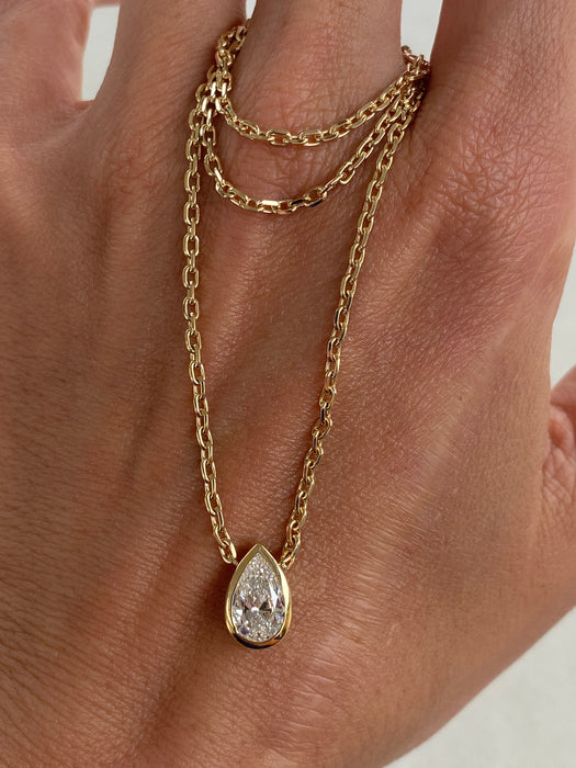 14K Solid Gold Biker Chain 1.1 Carat Pear Lab Diamond Necklace