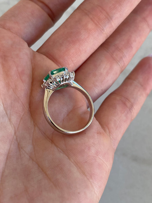 Vintage Platinum 900 Natural Emerald & Diamond Halo Ring
