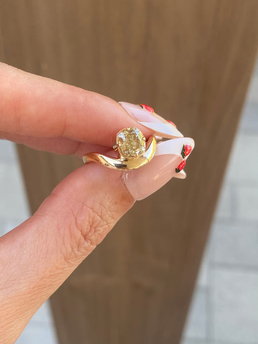 14K Gold 1.02 Carat Natural Yellow Cushion Diamond Wavy Ring