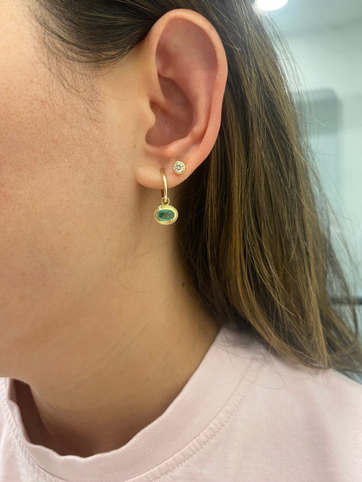 14K Gold Natural Emerald Huggie Earrings with Double Bezel Charms