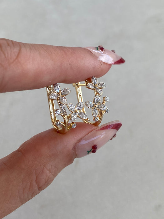 14K Diamond Flower Huggie Earrings