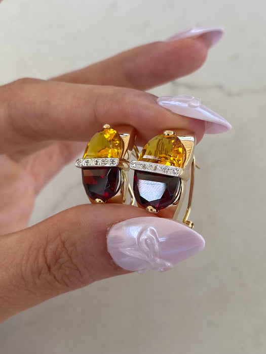 Vintage 14K Gold Garnet, Citrine & Diamond Half Moon Earrings with Omega Backs