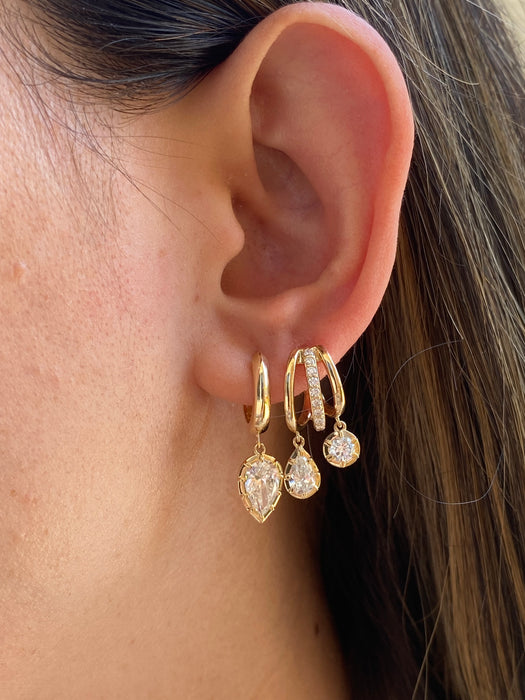 14K Gold Lab Diamond Huggie Earrings with Pear Drop Charms