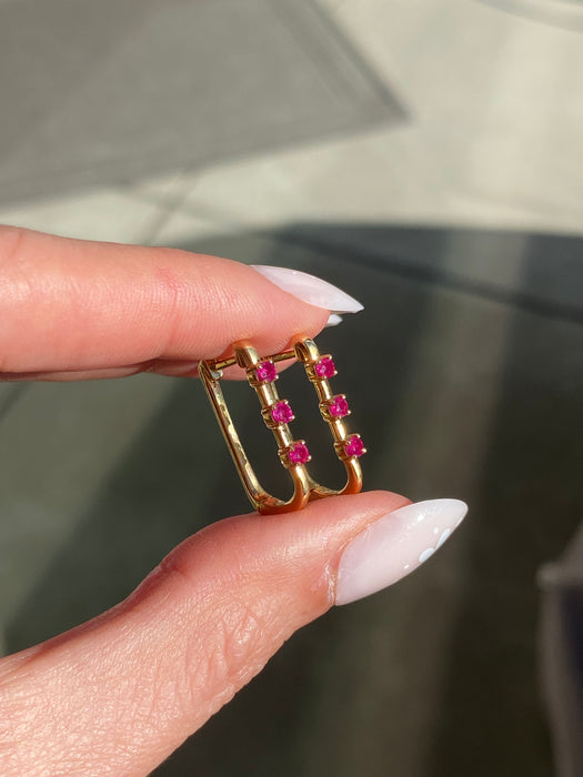 14K Gold Ruby Huggie Earrings