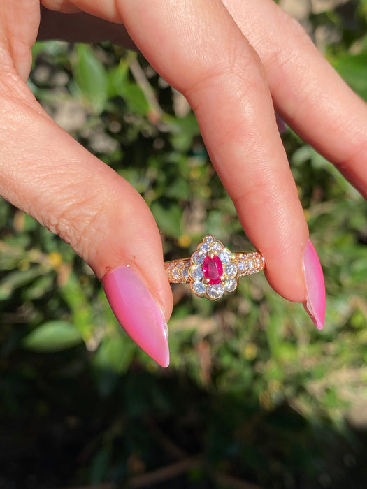 Vintage 18K Gold Ruby & Diamond Halo Ring