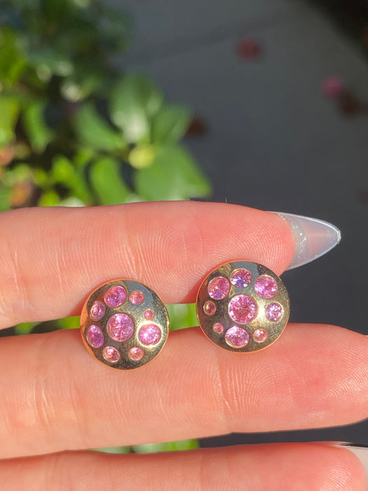 14K Gold Pink Flush Set Button Sapphire Stud Earrings