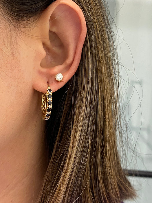 Vintage 14K Gold Blue Sapphire & Diamond Hoop Earrings