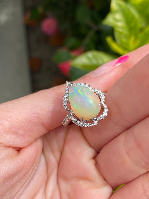 Platinum 900 opal and diamond ring size 6.5