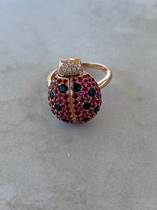 18K Rose Gold Ruby & Diamond Ladybug Ring with Hidden Opal
