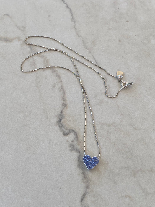 Vintage 18K White Gold Invisible-Set Blue Sapphire Heart Slider Necklace